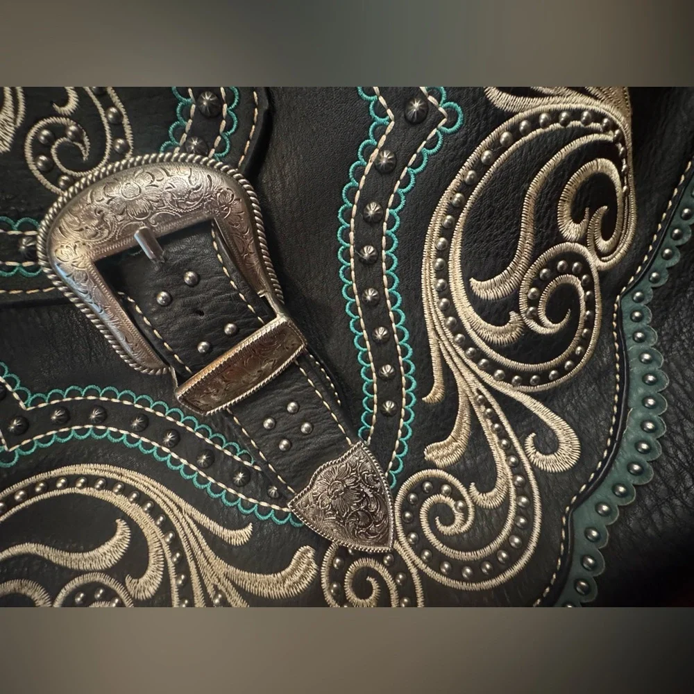 Montana West Buckle Shoulder Tote Purse Concealed Carry Rhinestones Black Blue - Picture 3 of 11